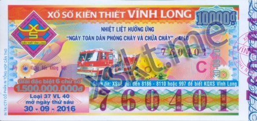 Mẫu vé sô xổ số Vĩnh Long ngày 30/9/2016