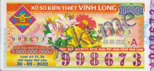 Mẫu vé sô xổ số Vĩnh Long ngày 30/9/2022