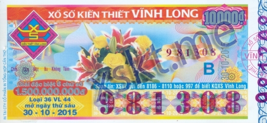 Mẫu vé sô xổ số Vĩnh Long ngày 30/10/2015