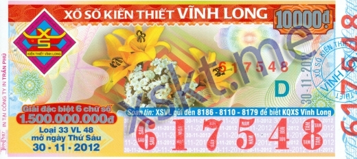 Mẫu vé sô xổ số Vĩnh Long ngày 30/11/2012