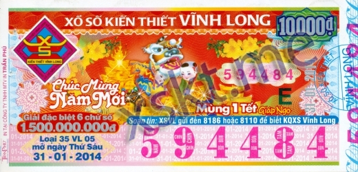 Mẫu vé sô xổ số Vĩnh Long ngày 31/1/2014