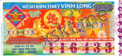 Mẫu vé sô xổ số Vĩnh Long ngày 31/1/2020