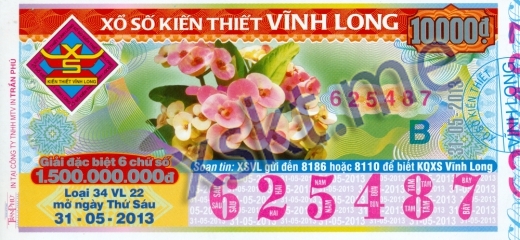 Mẫu vé sô xổ số Vĩnh Long ngày 31/5/2013