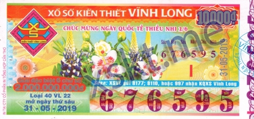 Mẫu vé sô xổ số Vĩnh Long ngày 31/5/2019