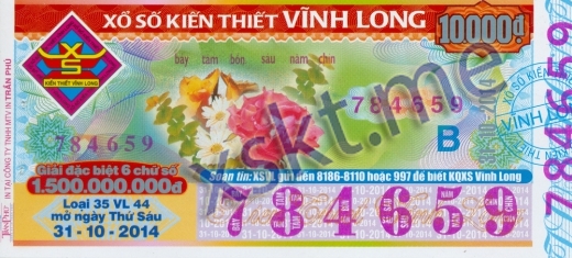Mẫu vé sô xổ số Vĩnh Long ngày 31/10/2014
