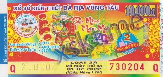 Mẫu vé sô xổ số Vũng Tàu ngày 1/2/2022