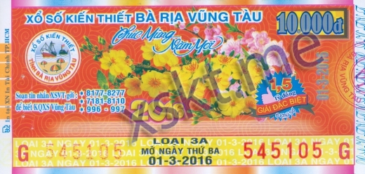 Mẫu vé sô xổ số Vũng Tàu ngày 1/3/2016