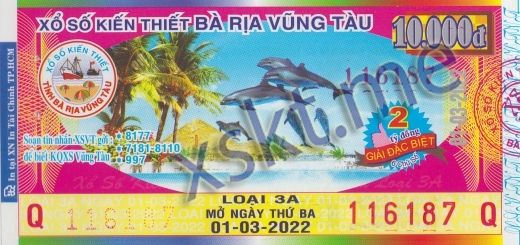 Mẫu vé sô xổ số Vũng Tàu ngày 1/3/2022