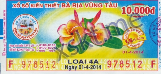 Mẫu vé sô xổ số Vũng Tàu ngày 1/4/2014