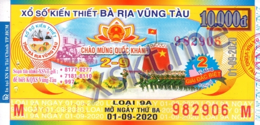 Mẫu vé sô xổ số Vũng Tàu ngày 1/9/2020