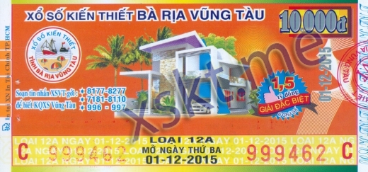 Mẫu vé sô xổ số Vũng Tàu ngày 1/12/2015