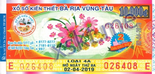 Mẫu vé sô xổ số Vũng Tàu ngày 2/4/2019