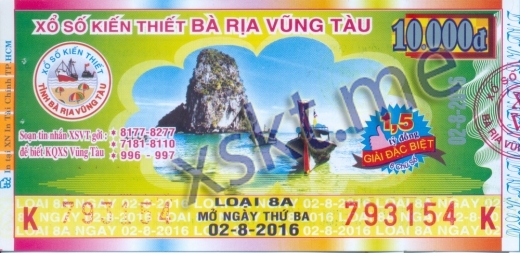 Mẫu vé sô xổ số Vũng Tàu ngày 2/8/2016