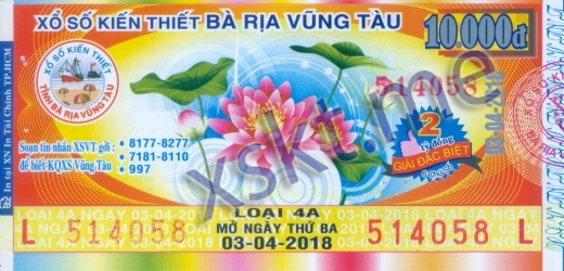 Mẫu vé sô xổ số Vũng Tàu ngày 3/4/2018