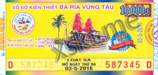 Mẫu vé sô xổ số Vũng Tàu ngày 3/5/2016