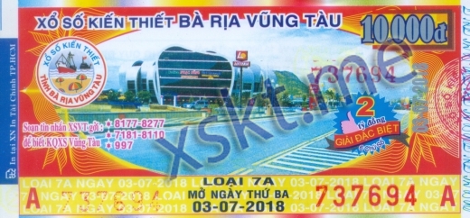 Mẫu vé sô xổ số Vũng Tàu ngày 3/7/2018