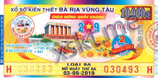 Mẫu vé sô xổ số Vũng Tàu ngày 3/9/2019