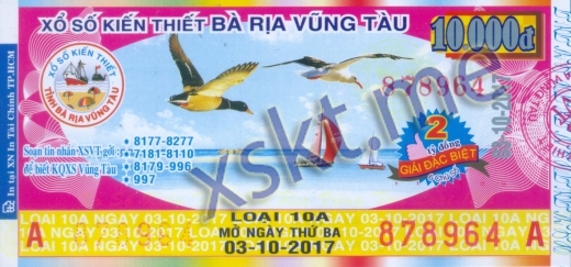 Mẫu vé sô xổ số Vũng Tàu ngày 3/10/2017