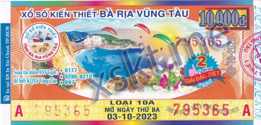 Mẫu vé sô xổ số Vũng Tàu ngày 3/10/2023