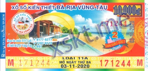 Mẫu vé sô xổ số Vũng Tàu ngày 3/11/2020