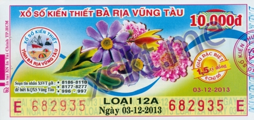 Mẫu vé sô xổ số Vũng Tàu ngày 3/12/2013