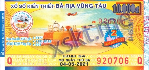 Mẫu vé sô xổ số Vũng Tàu ngày 4/5/2021