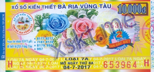 Mẫu vé sô xổ số Vũng Tàu ngày 4/7/2017