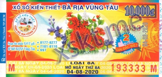 Mẫu vé sô xổ số Vũng Tàu ngày 4/8/2020