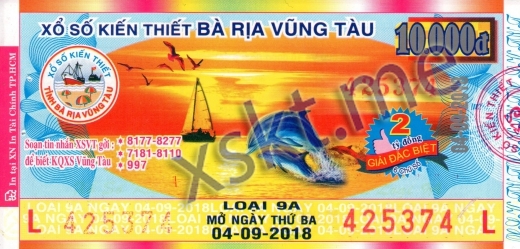 Mẫu vé sô xổ số Vũng Tàu ngày 4/9/2018