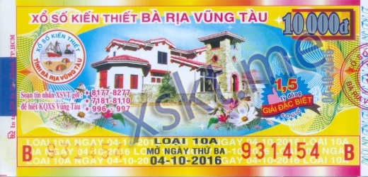 Mẫu vé sô xổ số Vũng Tàu ngày 4/10/2016
