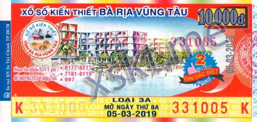 Mẫu vé sô xổ số Vũng Tàu ngày 5/3/2019