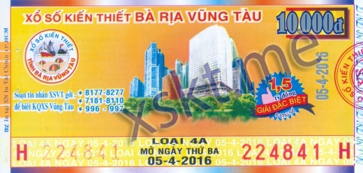 Mẫu vé sô xổ số Vũng Tàu ngày 5/4/2016