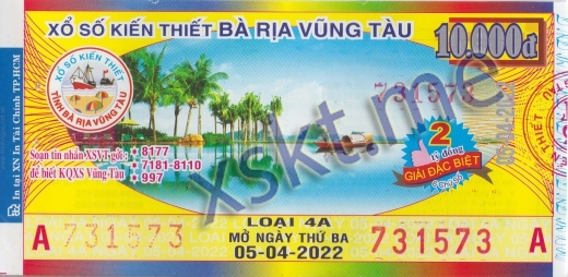 Mẫu vé sô xổ số Vũng Tàu ngày 5/4/2022