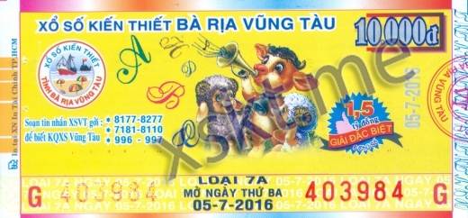 Mẫu vé sô xổ số Vũng Tàu ngày 5/7/2016