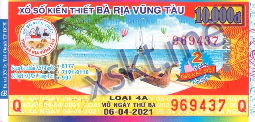 Mẫu vé sô xổ số Vũng Tàu ngày 6/4/2021