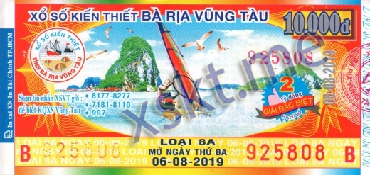Mẫu vé sô xổ số Vũng Tàu ngày 6/8/2019