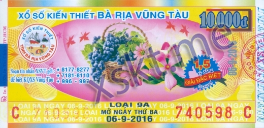 Mẫu vé sô xổ số Vũng Tàu ngày 6/9/2016