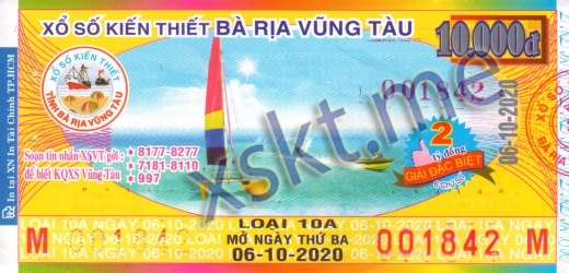 Mẫu vé sô xổ số Vũng Tàu ngày 6/10/2020