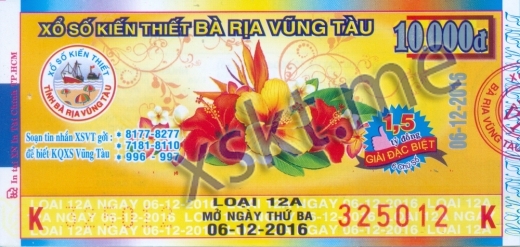 Mẫu vé sô xổ số Vũng Tàu ngày 6/12/2016