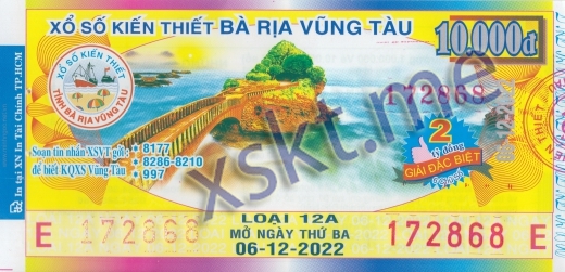 Mẫu vé sô xổ số Vũng Tàu ngày 6/12/2022