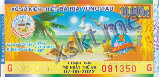 Mẫu vé sô xổ số Vũng Tàu ngày 7/6/2022
