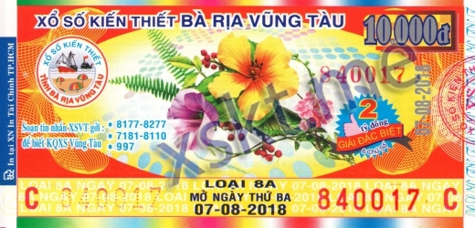 Mẫu vé sô xổ số Vũng Tàu ngày 7/8/2018