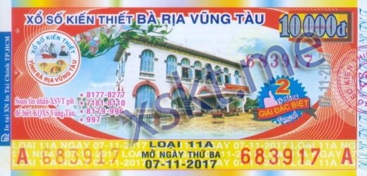 Mẫu vé sô xổ số Vũng Tàu ngày 7/11/2017