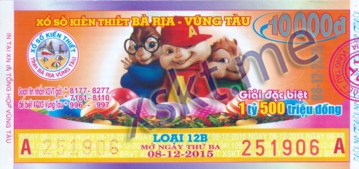 Mẫu vé sô xổ số Vũng Tàu ngày 8/12/2015