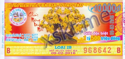 Mẫu vé sô xổ số Vũng Tàu ngày 9/2/2016
