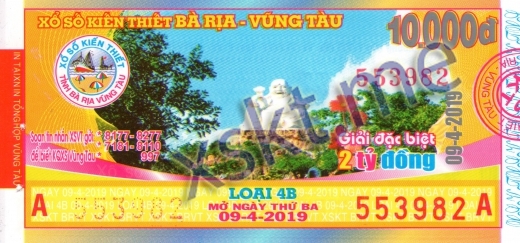 Mẫu vé sô xổ số Vũng Tàu ngày 9/4/2019