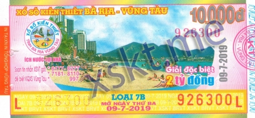 Mẫu vé sô xổ số Vũng Tàu ngày 9/7/2019