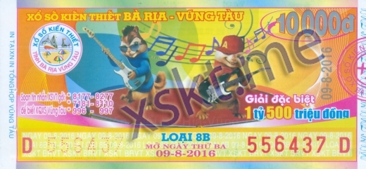 Mẫu vé sô xổ số Vũng Tàu ngày 9/8/2016