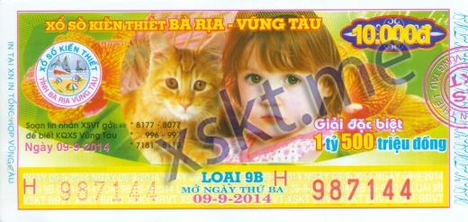 Mẫu vé sô xổ số Vũng Tàu ngày 9/9/2014