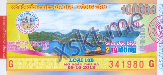 Mẫu vé sô xổ số Vũng Tàu ngày 9/10/2018